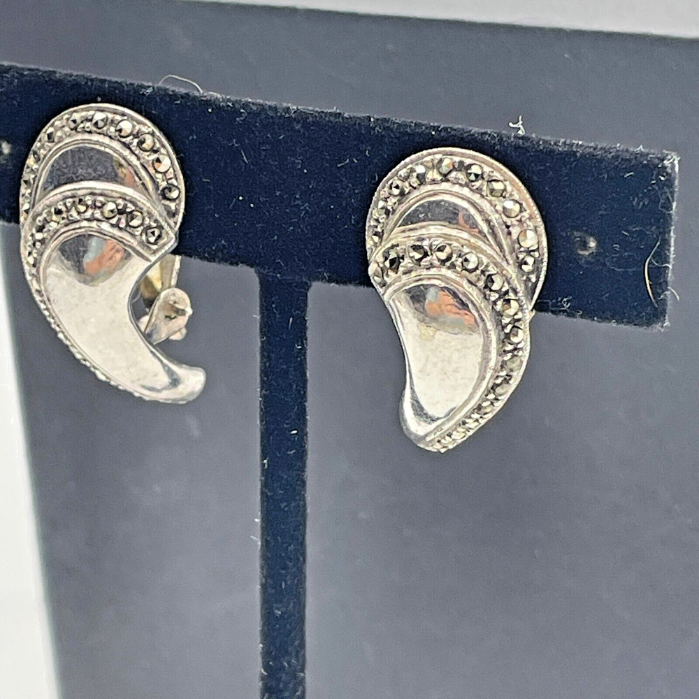 Vintage Sterling Silver and Marcasite Paisley Swirl Clip On 925 Earrings 1"x.5"